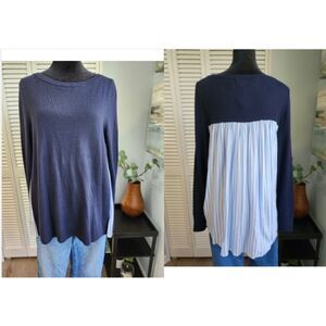 LOFT Outlet Navy Blue Striped Back Mixed Media Long Sleeve Top XS NWT $65